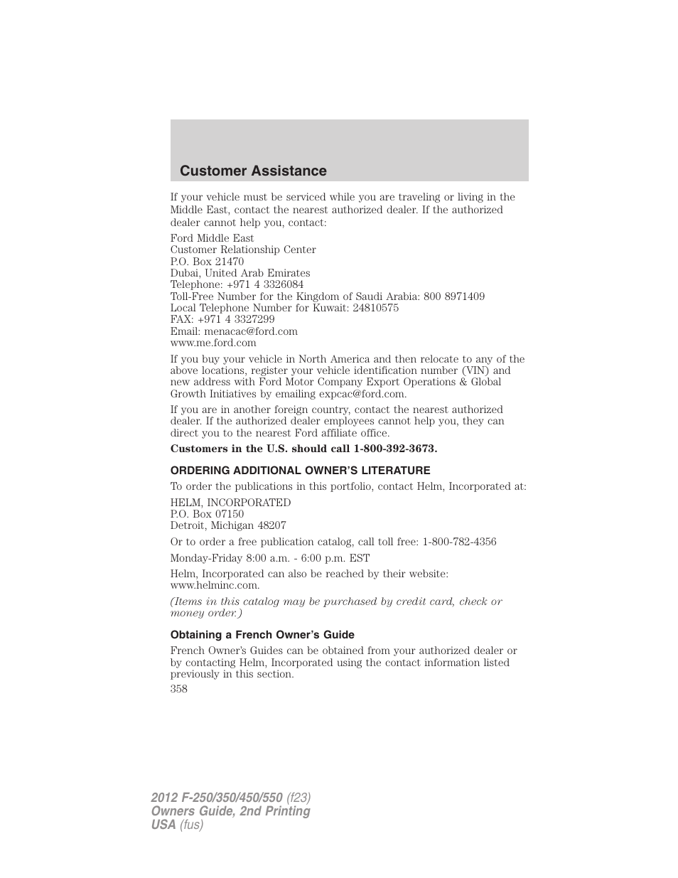 Ordering additional owner’s literature, Obtaining a french owner’s guide, Customer assistance | FORD 2012 F-550 v.2 User Manual | Page 358 / 449