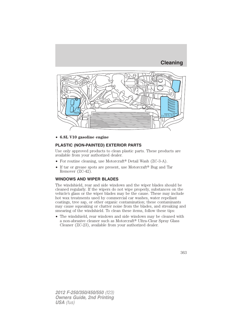 Plastic (non-painted) exterior parts, Windows and wiper blades, Cleaning | FORD 2012 F-550 v.2 User Manual | Page 363 / 449