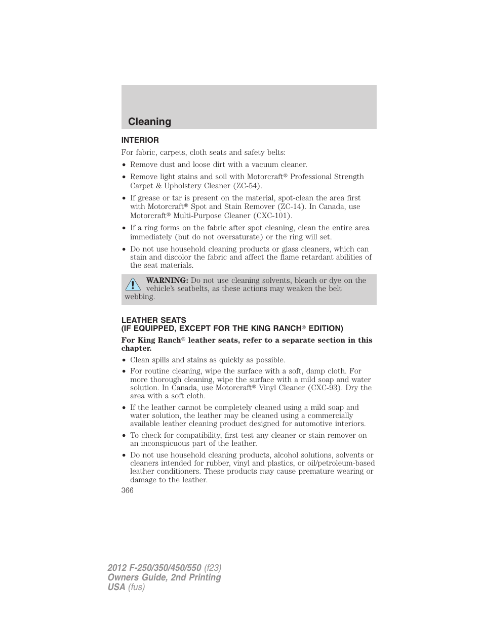 Interior, Cleaning | FORD 2012 F-550 v.2 User Manual | Page 366 / 449