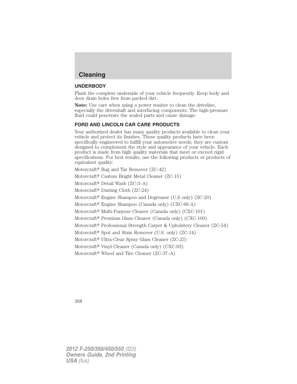 Underbody, Ford and lincoln car care products, Cleaning | FORD 2012 F-550 v.2 User Manual | Page 368 / 449