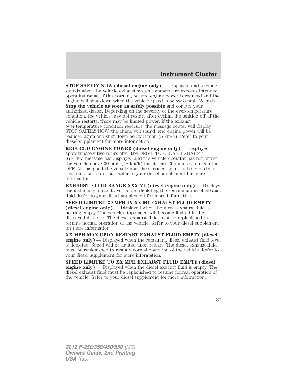 Instrument cluster | FORD 2012 F-550 v.2 User Manual | Page 37 / 449