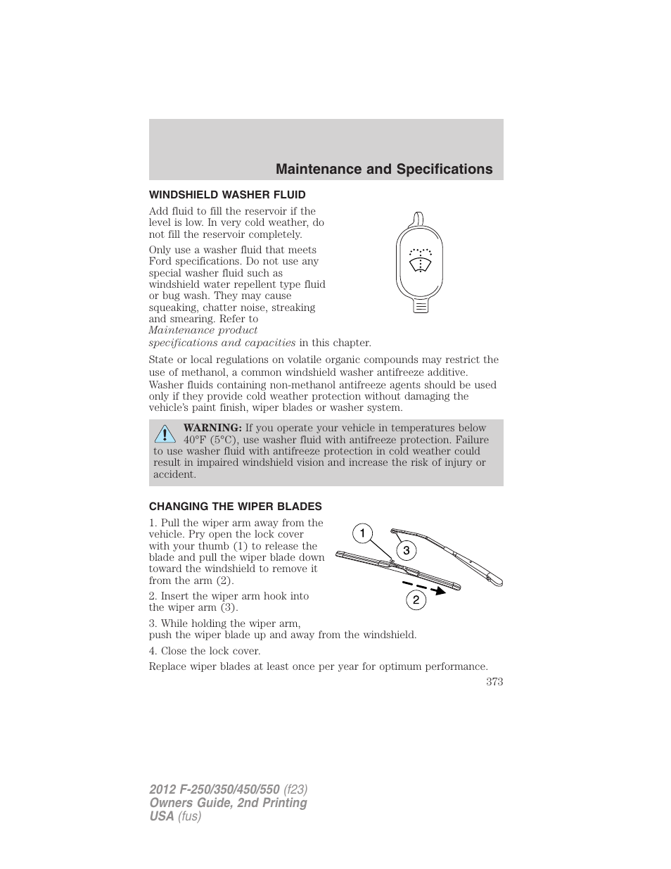 Windshield washer fluid, Changing the wiper blades, Maintenance and specifications | FORD 2012 F-550 v.2 User Manual | Page 373 / 449