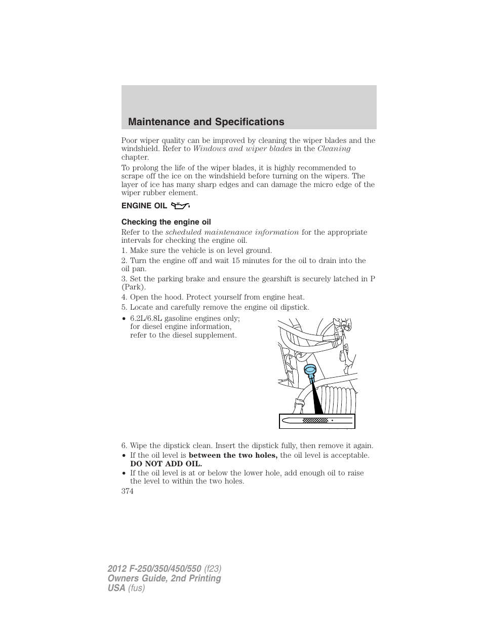 Engine oil, Checking the engine oil, Maintenance and specifications | FORD 2012 F-550 v.2 User Manual | Page 374 / 449