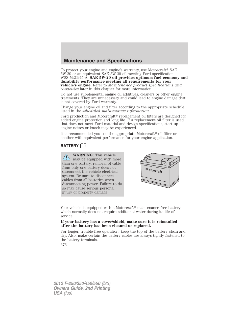 Battery, Maintenance and specifications | FORD 2012 F-550 v.2 User Manual | Page 376 / 449