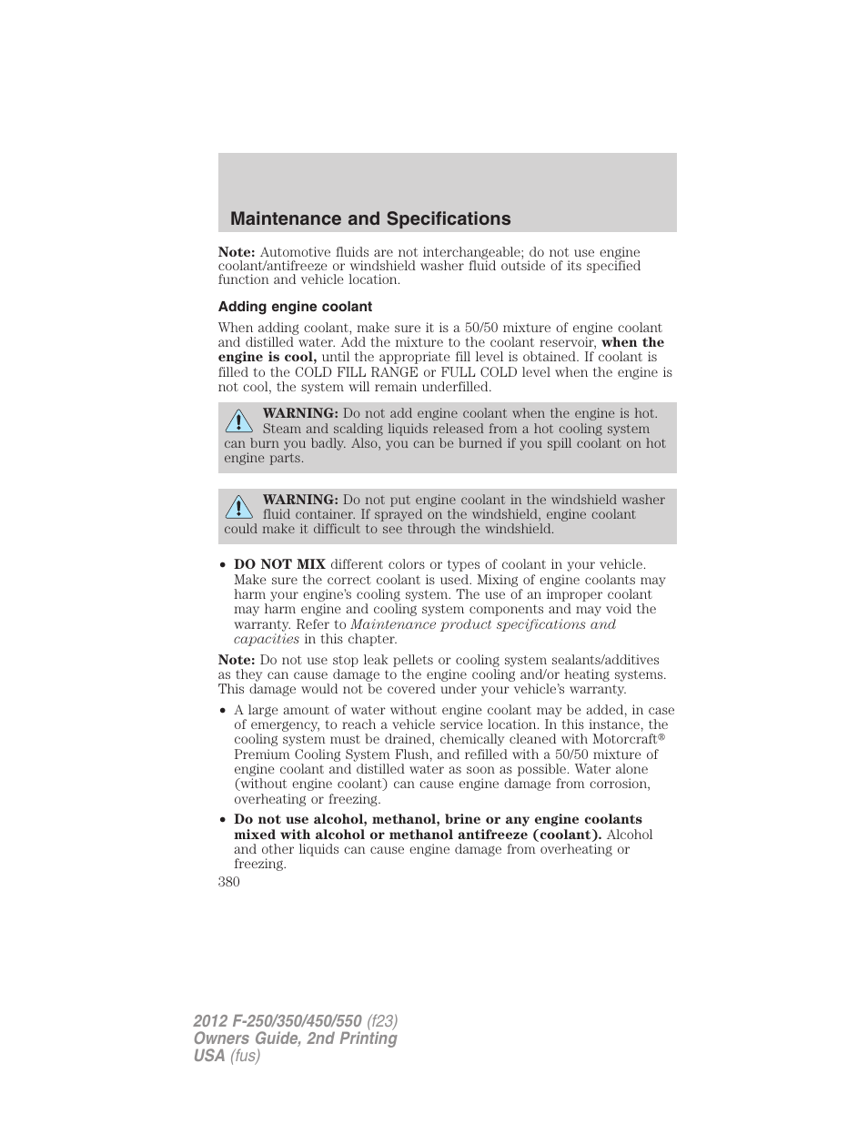 Adding engine coolant, Maintenance and specifications | FORD 2012 F-550 v.2 User Manual | Page 380 / 449
