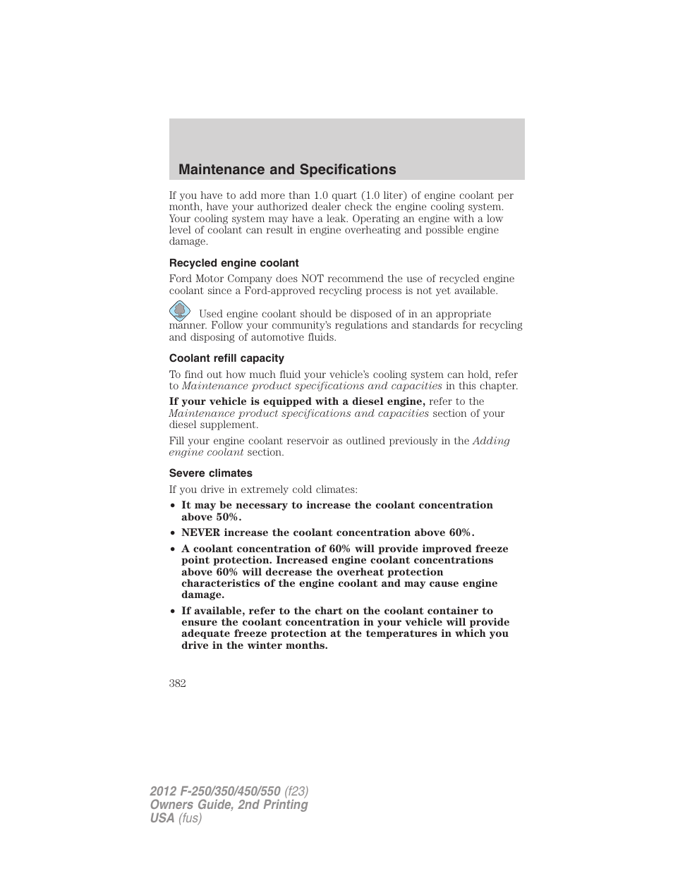 Recycled engine coolant, Coolant refill capacity, Severe climates | Maintenance and specifications | FORD 2012 F-550 v.2 User Manual | Page 382 / 449