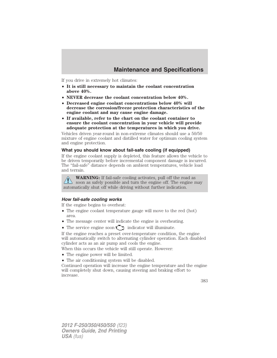 How fail-safe cooling works, Maintenance and specifications | FORD 2012 F-550 v.2 User Manual | Page 383 / 449