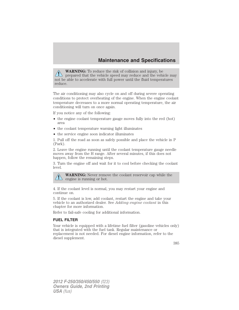 Fuel filter, Maintenance and specifications | FORD 2012 F-550 v.2 User Manual | Page 385 / 449