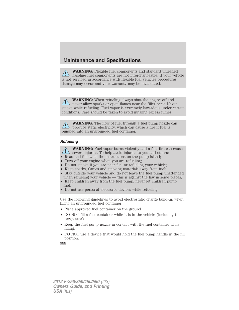 Refueling, Maintenance and specifications | FORD 2012 F-550 v.2 User Manual | Page 388 / 449