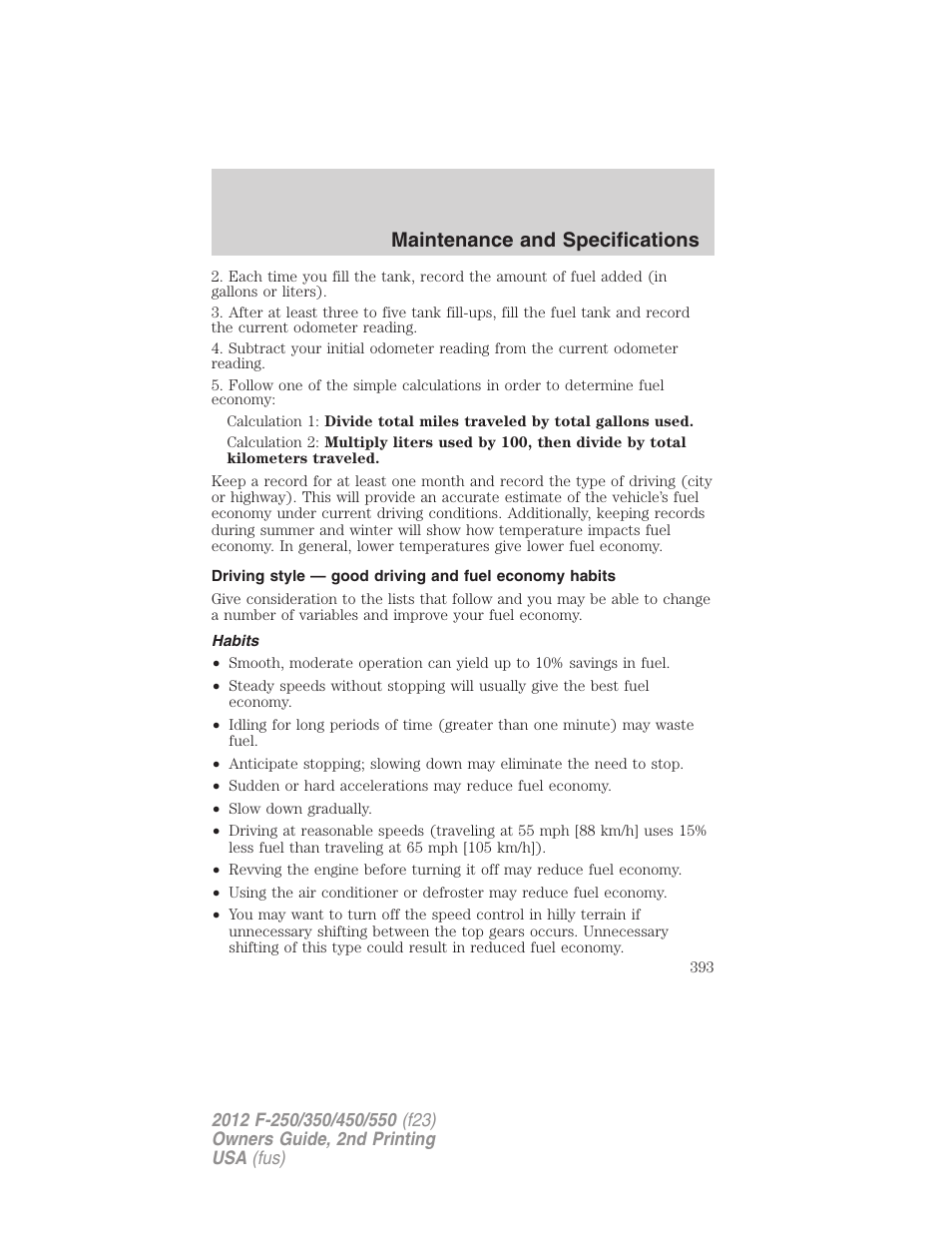 Habits, Maintenance and specifications | FORD 2012 F-550 v.2 User Manual | Page 393 / 449