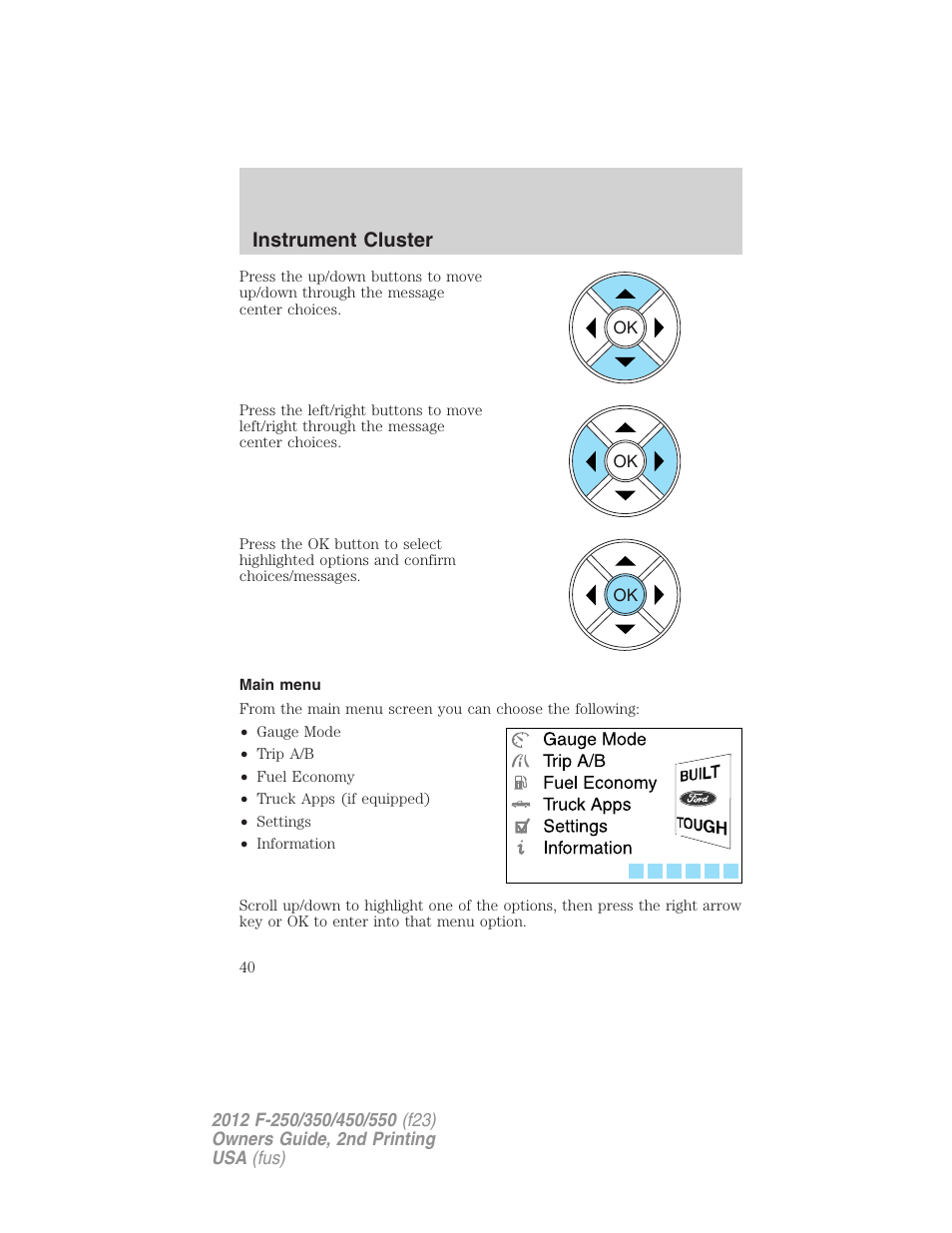 Main menu, Instrument cluster | FORD 2012 F-550 v.2 User Manual | Page 40 / 449