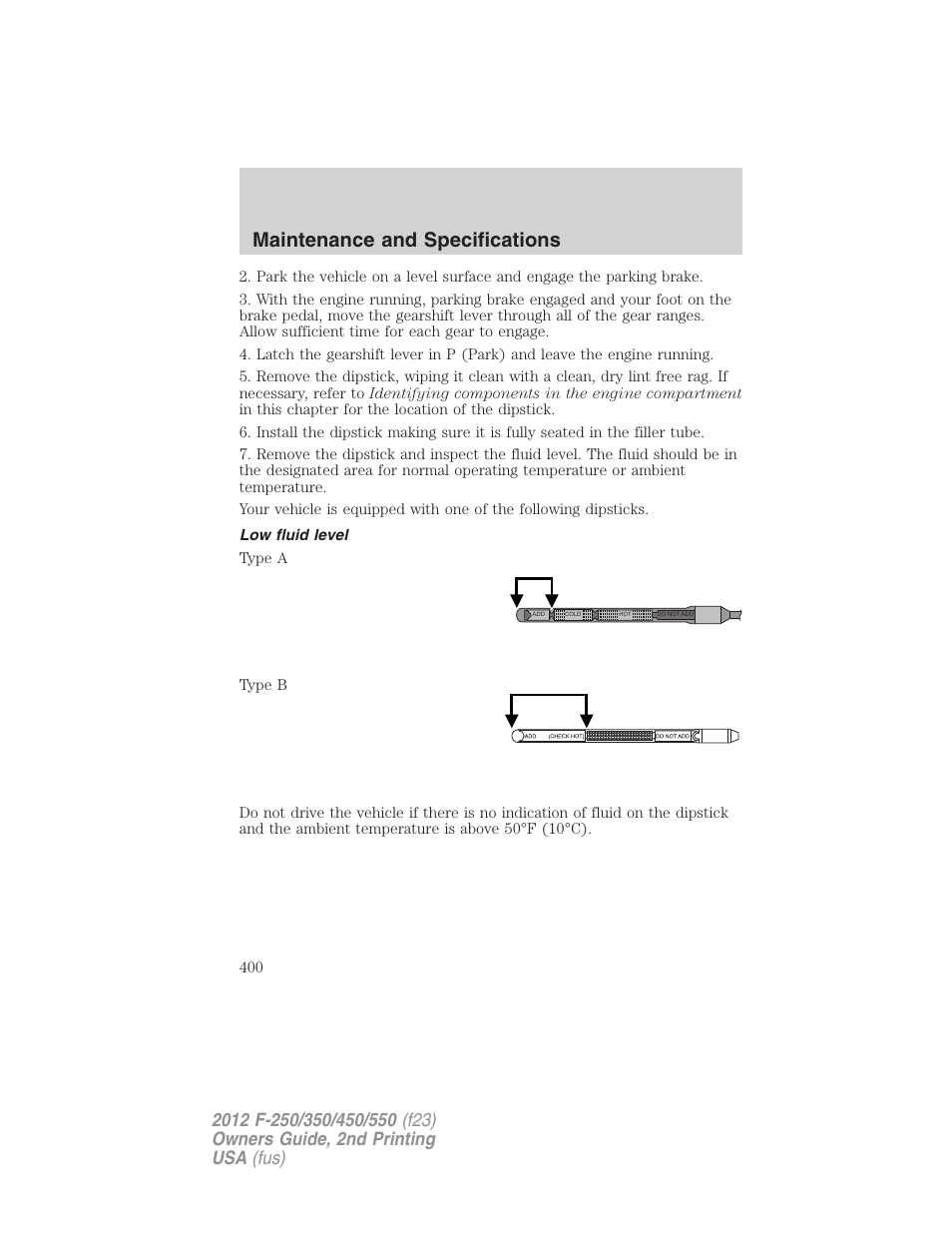 Low fluid level, Maintenance and specifications | FORD 2012 F-550 v.2 User Manual | Page 400 / 449