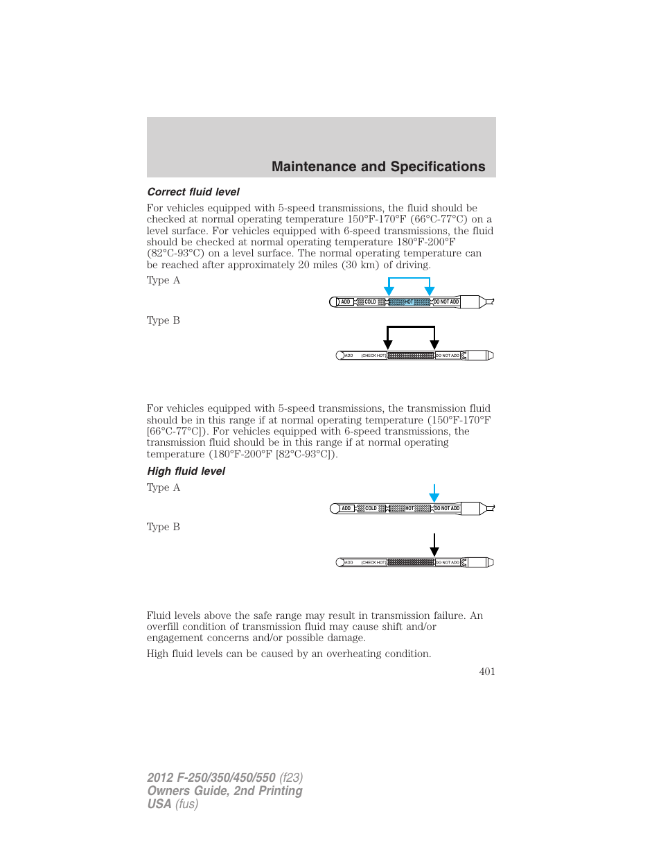 Correct fluid level, High fluid level, Maintenance and specifications | FORD 2012 F-550 v.2 User Manual | Page 401 / 449