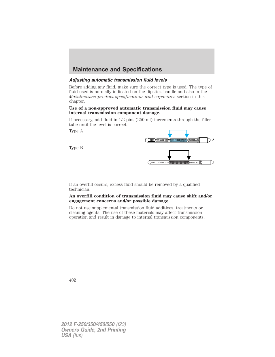 Adjusting automatic transmission fluid levels, Maintenance and specifications | FORD 2012 F-550 v.2 User Manual | Page 402 / 449