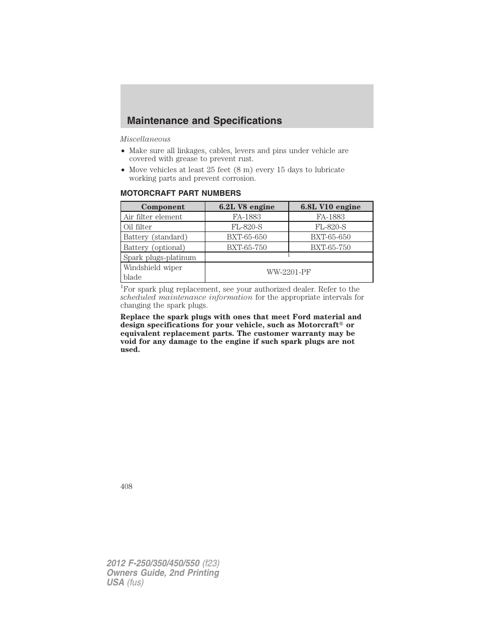 Motorcraft part numbers, Part numbers, Maintenance and specifications | FORD 2012 F-550 v.2 User Manual | Page 408 / 449