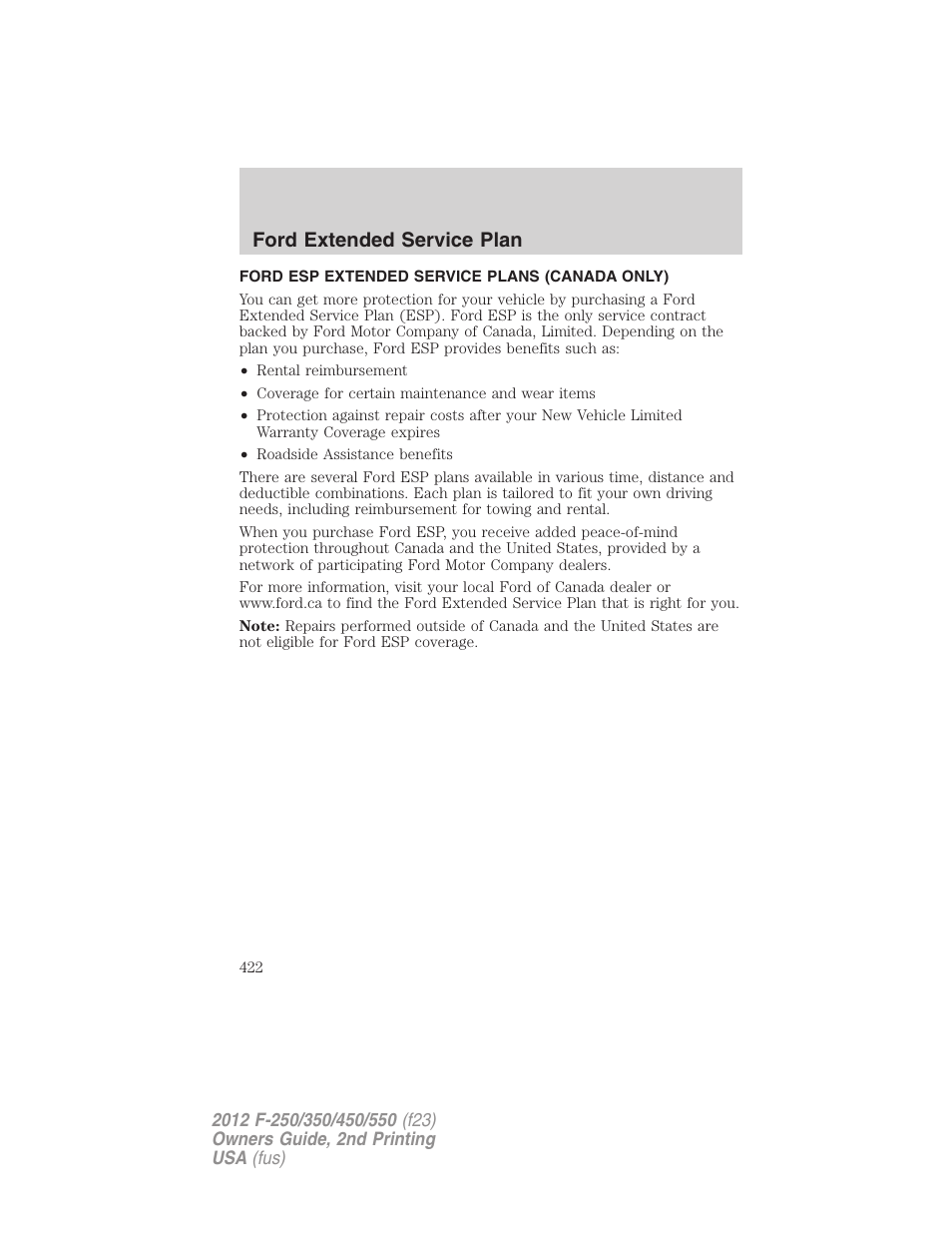 Ford esp extended service plans (canada only), Ford extended service plan | FORD 2012 F-550 v.2 User Manual | Page 422 / 449