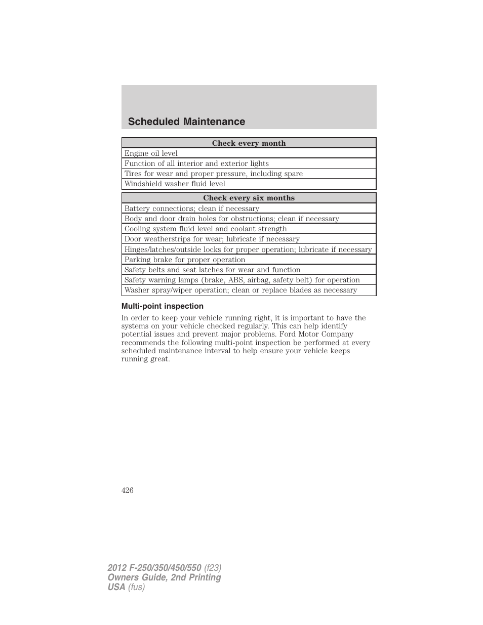 Multi-point inspection, Scheduled maintenance | FORD 2012 F-550 v.2 User Manual | Page 426 / 449