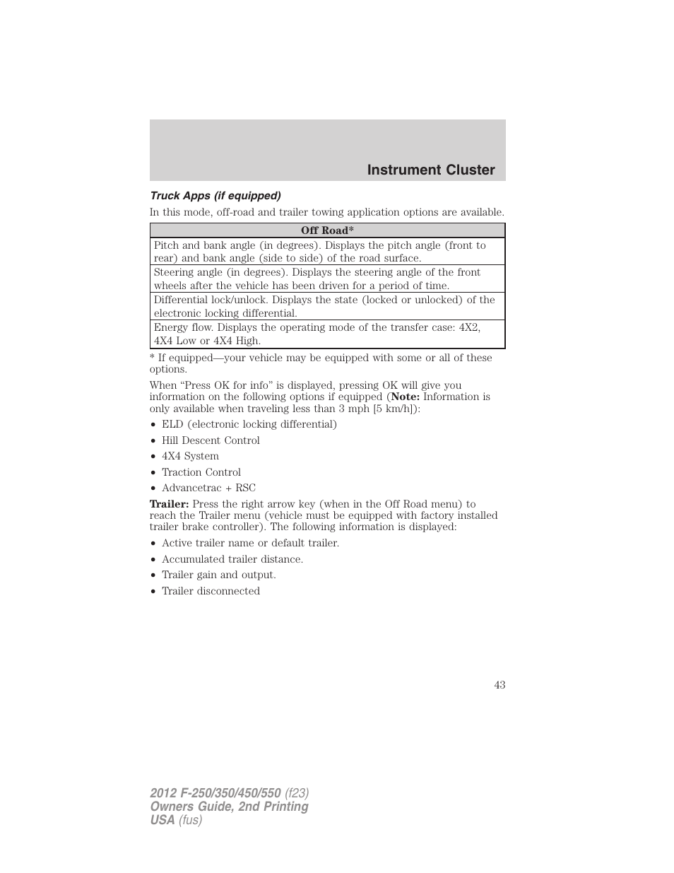 Truck apps (if equipped), Instrument cluster | FORD 2012 F-550 v.2 User Manual | Page 43 / 449