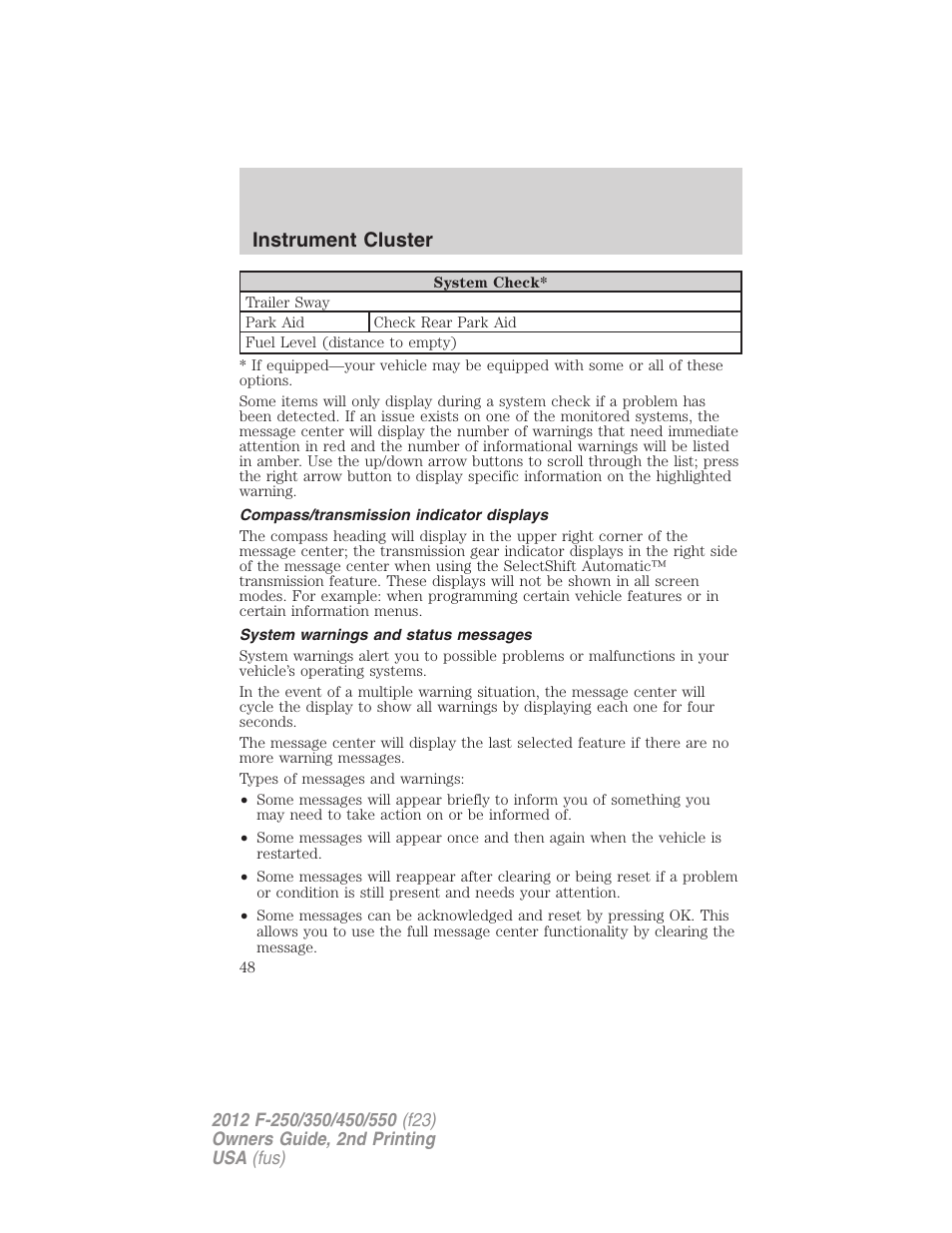 Compass/transmission indicator displays, System warnings and status messages, Instrument cluster | FORD 2012 F-550 v.2 User Manual | Page 48 / 449