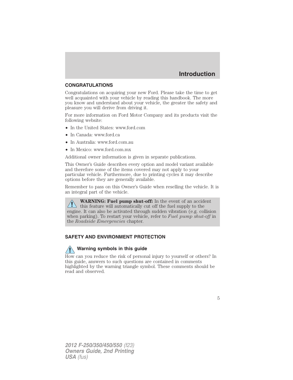 Introduction, Congratulations, Safety and environment protection | Warning symbols in this guide | FORD 2012 F-550 v.2 User Manual | Page 5 / 449