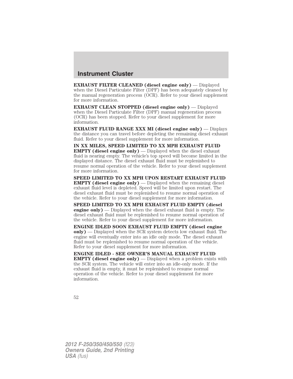 Instrument cluster | FORD 2012 F-550 v.2 User Manual | Page 52 / 449