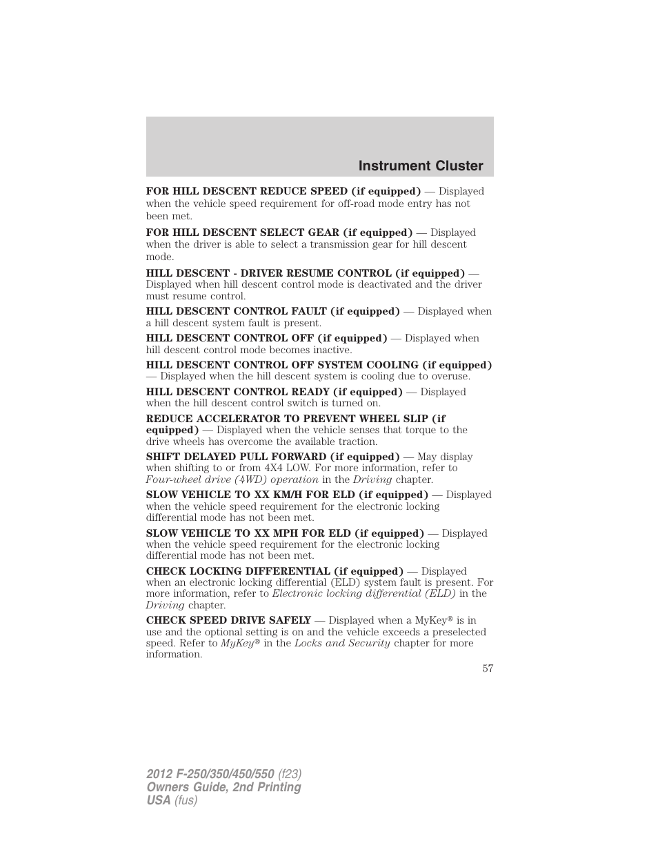 Instrument cluster | FORD 2012 F-550 v.2 User Manual | Page 57 / 449