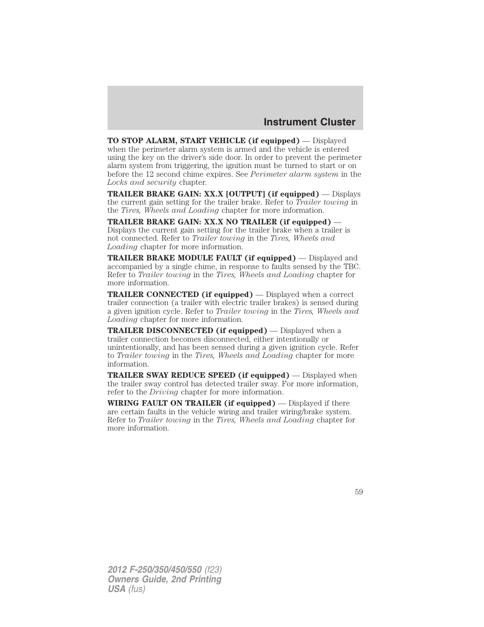 Instrument cluster | FORD 2012 F-550 v.2 User Manual | Page 59 / 449