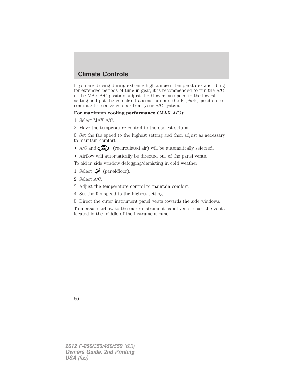 Climate controls | FORD 2012 F-550 v.2 User Manual | Page 80 / 449