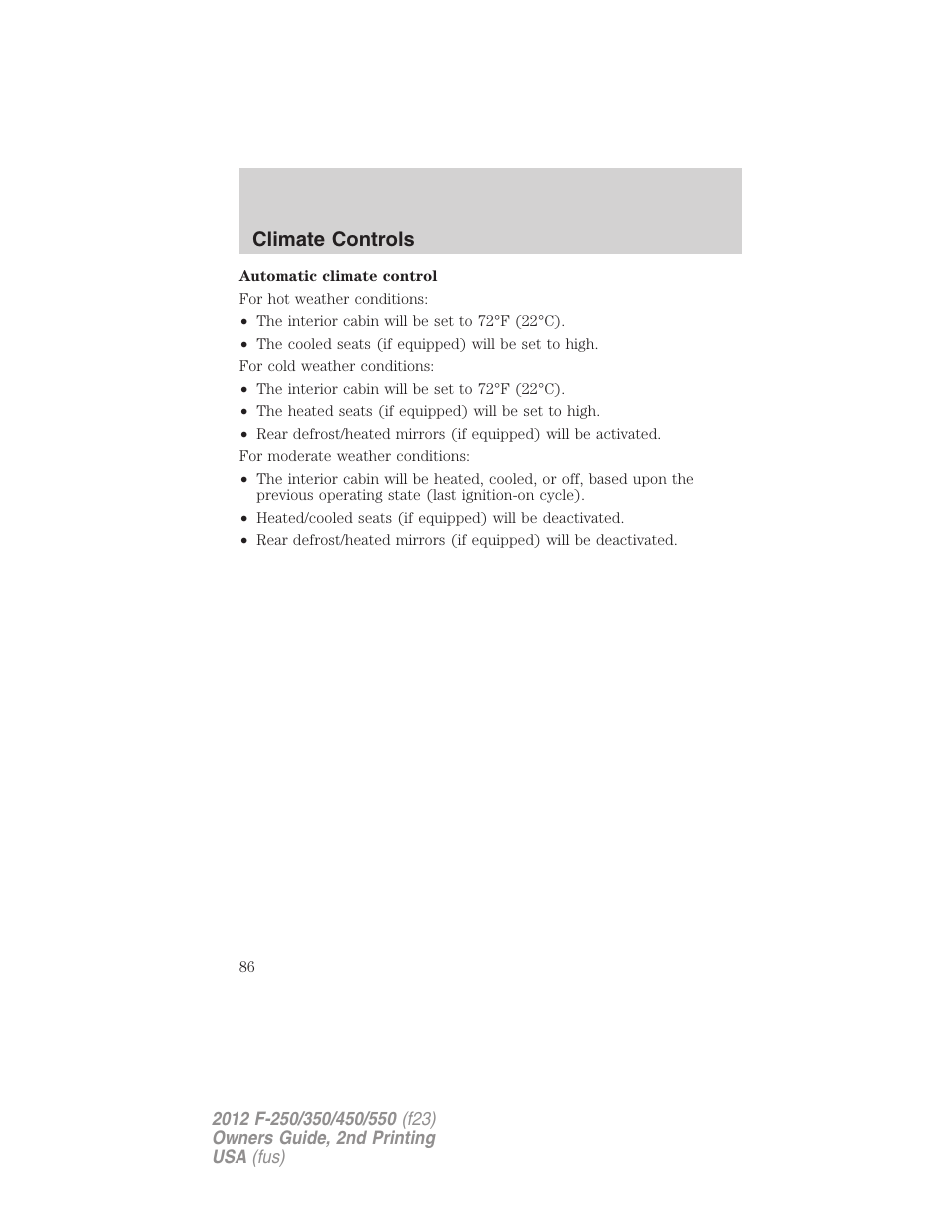 Climate controls | FORD 2012 F-550 v.2 User Manual | Page 86 / 449