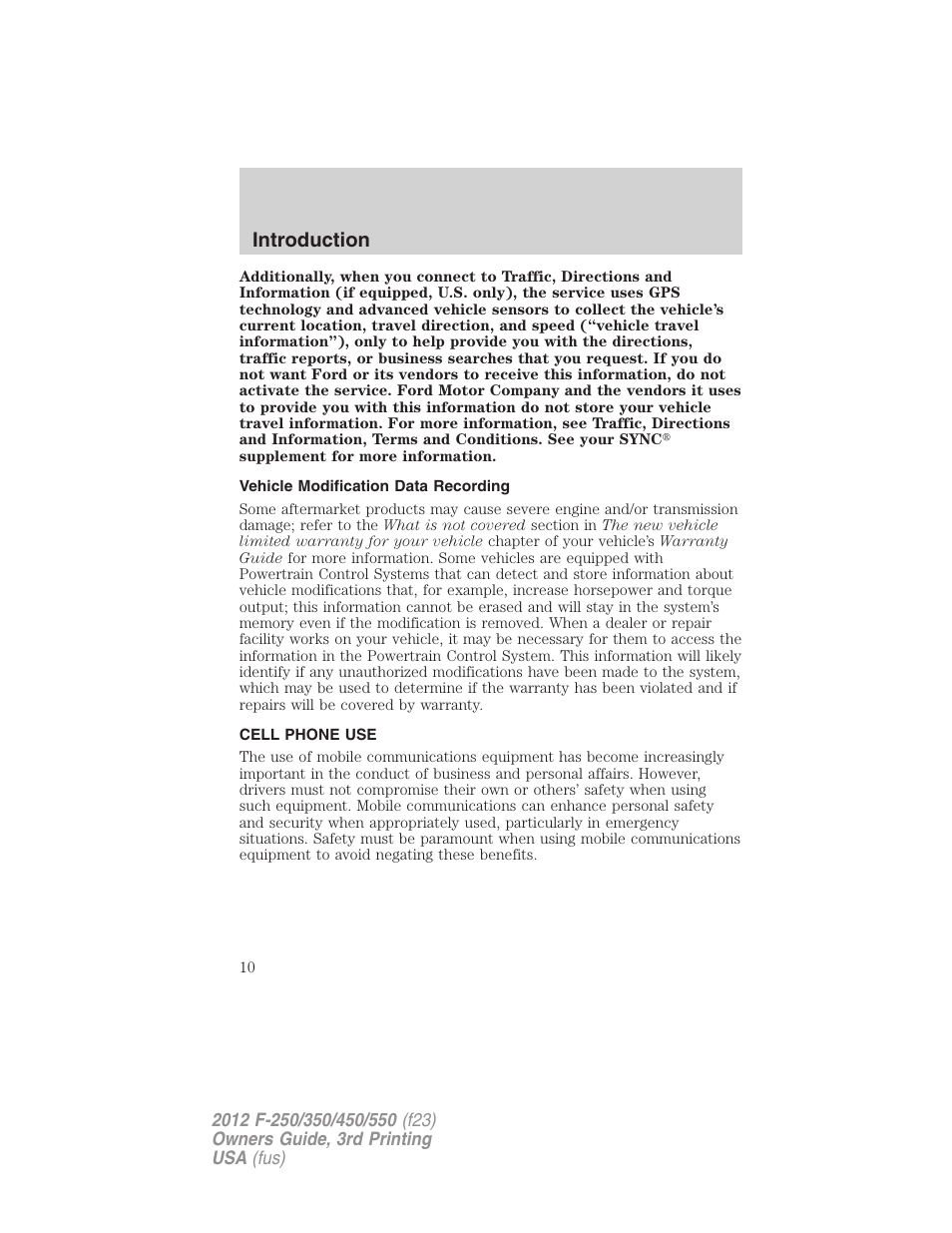 Vehicle modification data recording, Cell phone use, Introduction | FORD 2012 F-550 v.3 User Manual | Page 10 / 450