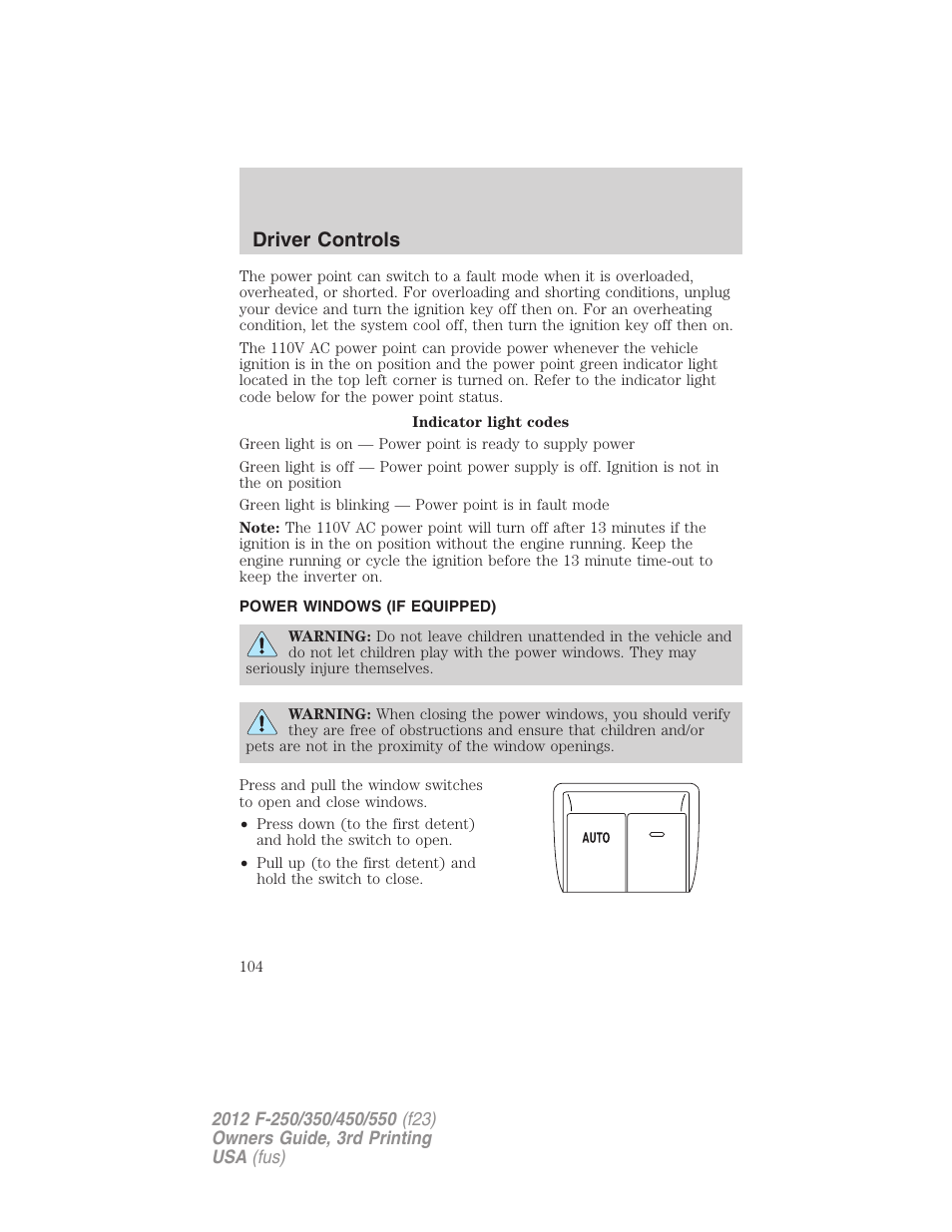 Power windows (if equipped), Power windows, Driver controls | FORD 2012 F-550 v.3 User Manual | Page 104 / 450
