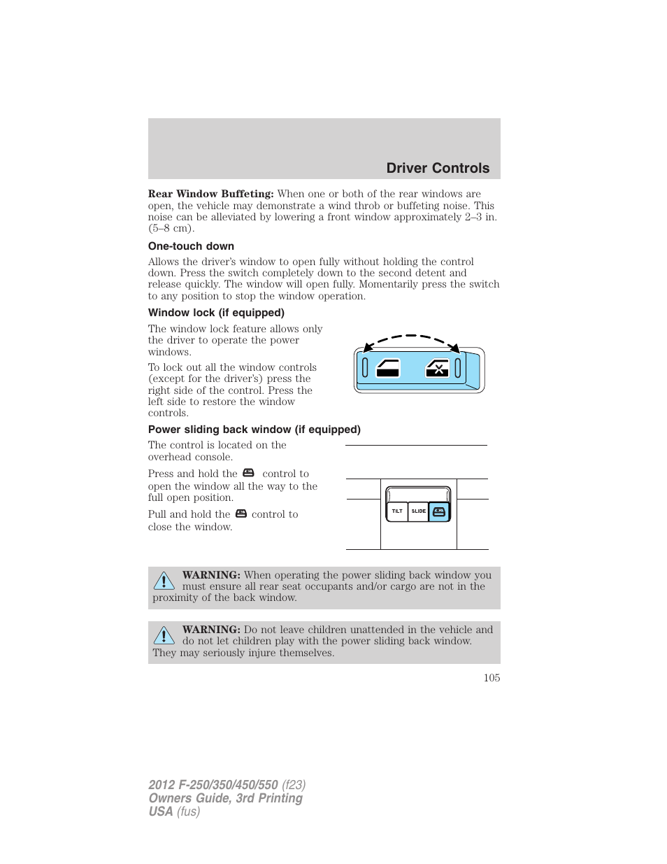 One-touch down, Window lock (if equipped), Power sliding back window (if equipped) | Driver controls | FORD 2012 F-550 v.3 User Manual | Page 105 / 450