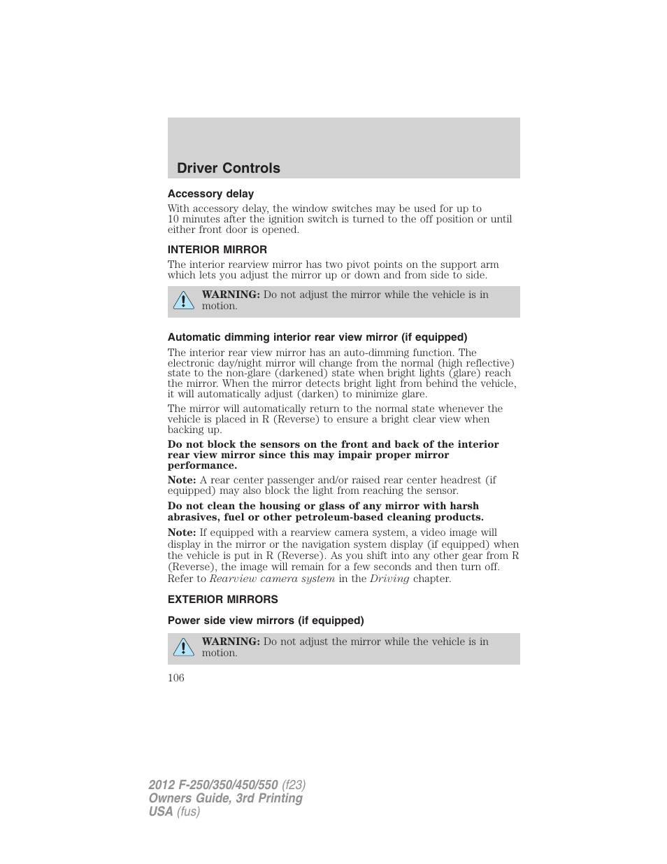 Accessory delay, Interior mirror, Exterior mirrors | Power side view mirrors (if equipped), Mirrors, Driver controls | FORD 2012 F-550 v.3 User Manual | Page 106 / 450