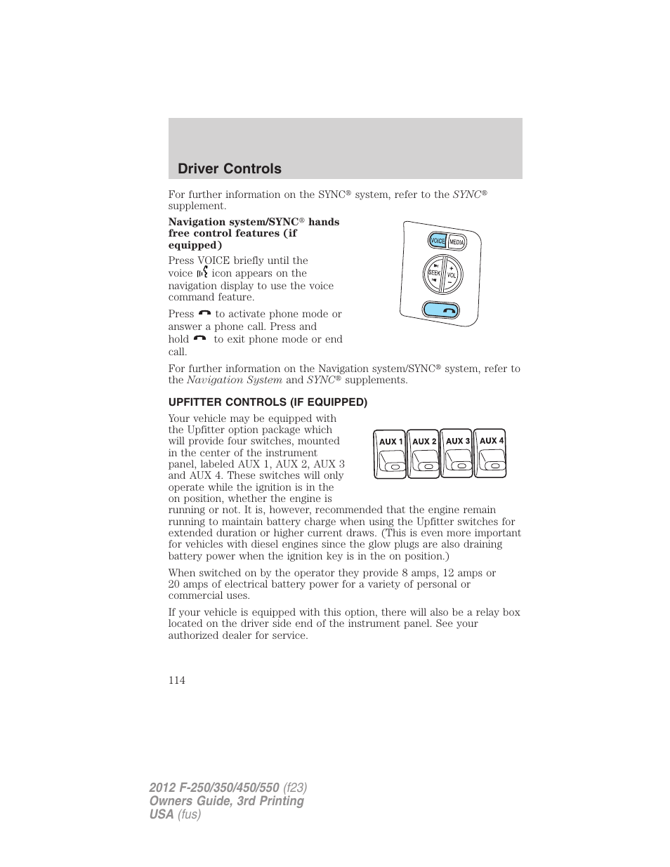 Upfitter controls (if equipped), Upfitter controls, Driver controls | FORD 2012 F-550 v.3 User Manual | Page 114 / 450