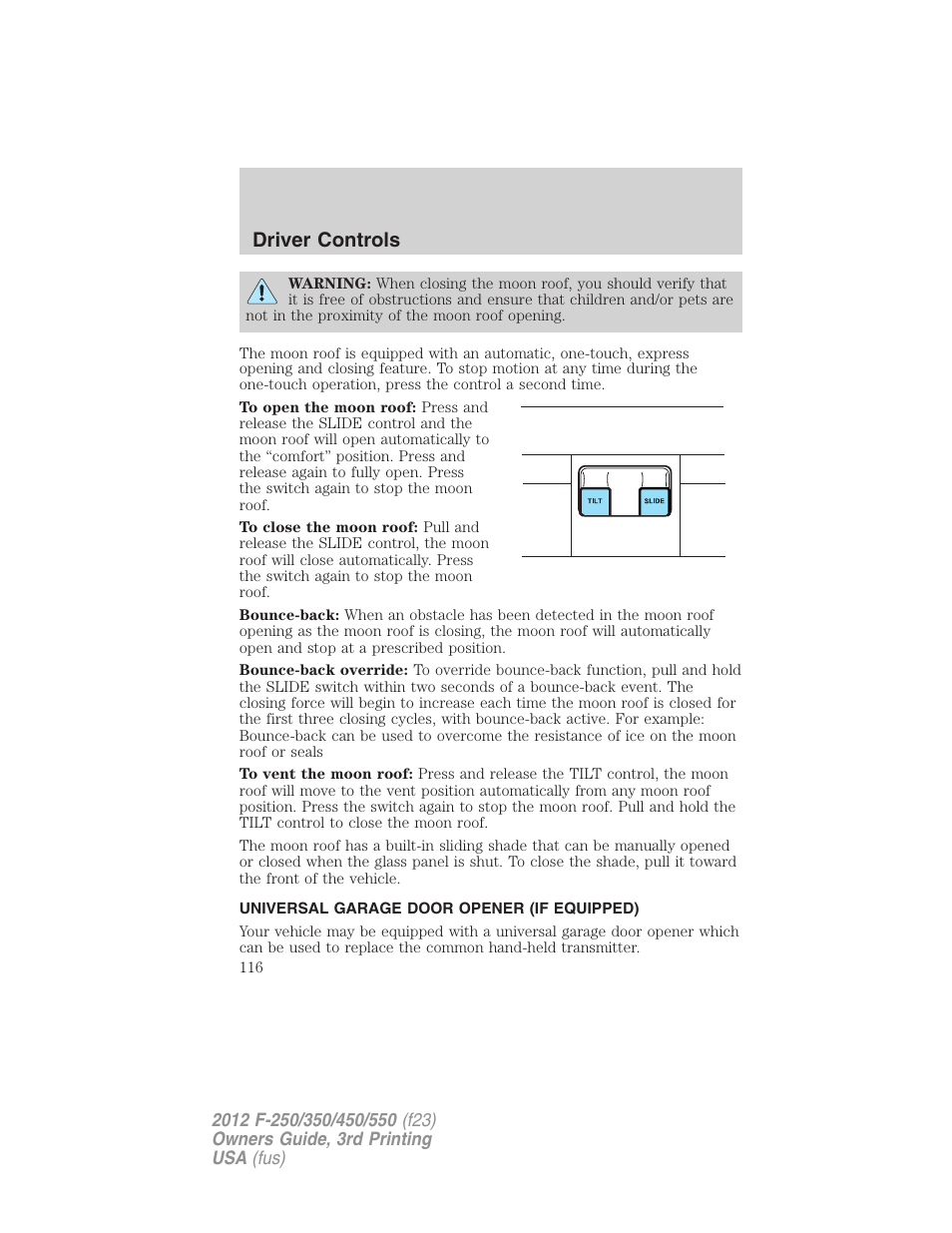 Universal garage door opener (if equipped), Driver controls | FORD 2012 F-550 v.3 User Manual | Page 116 / 450