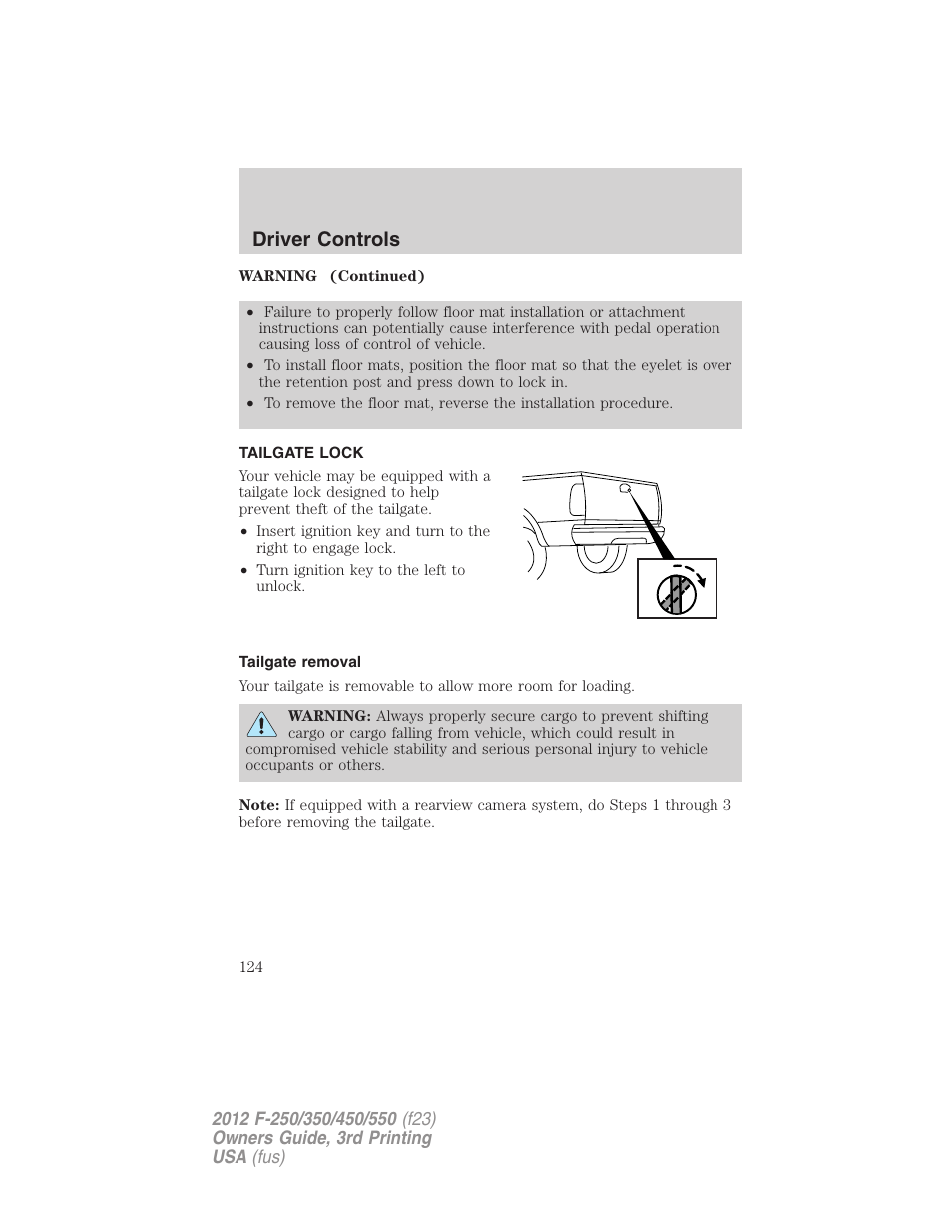 Tailgate lock, Tailgate removal, Driver controls | FORD 2012 F-550 v.3 User Manual | Page 124 / 450