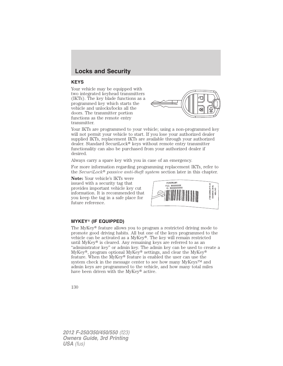 Locks and security, Keys, Mykey? (if equipped) | FORD 2012 F-550 v.3 User Manual | Page 130 / 450