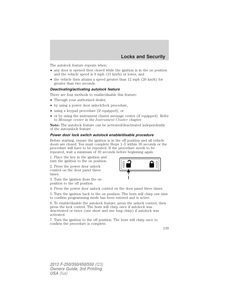 Deactivating/activating autolock feature, Locks and security | FORD 2012 F-550 v.3 User Manual | Page 139 / 450