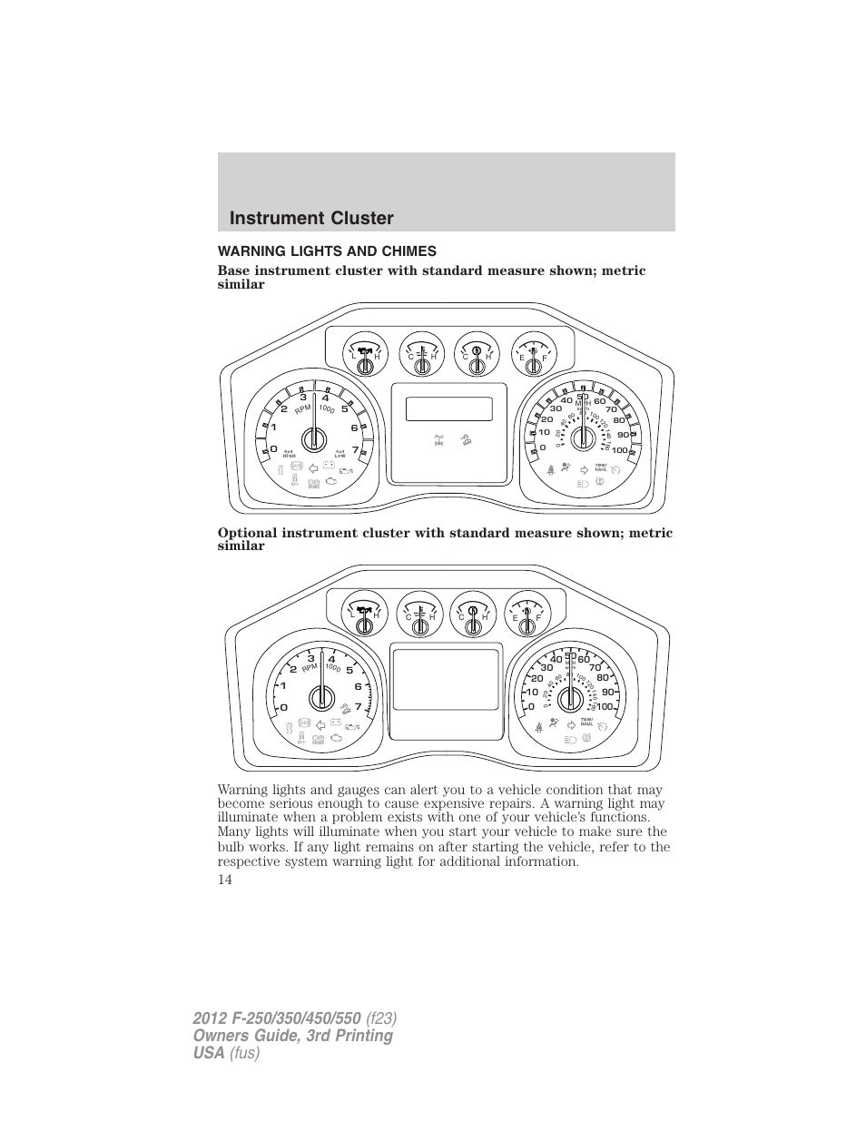 Instrument cluster, Warning lights and chimes | FORD 2012 F-550 v.3 User Manual | Page 14 / 450