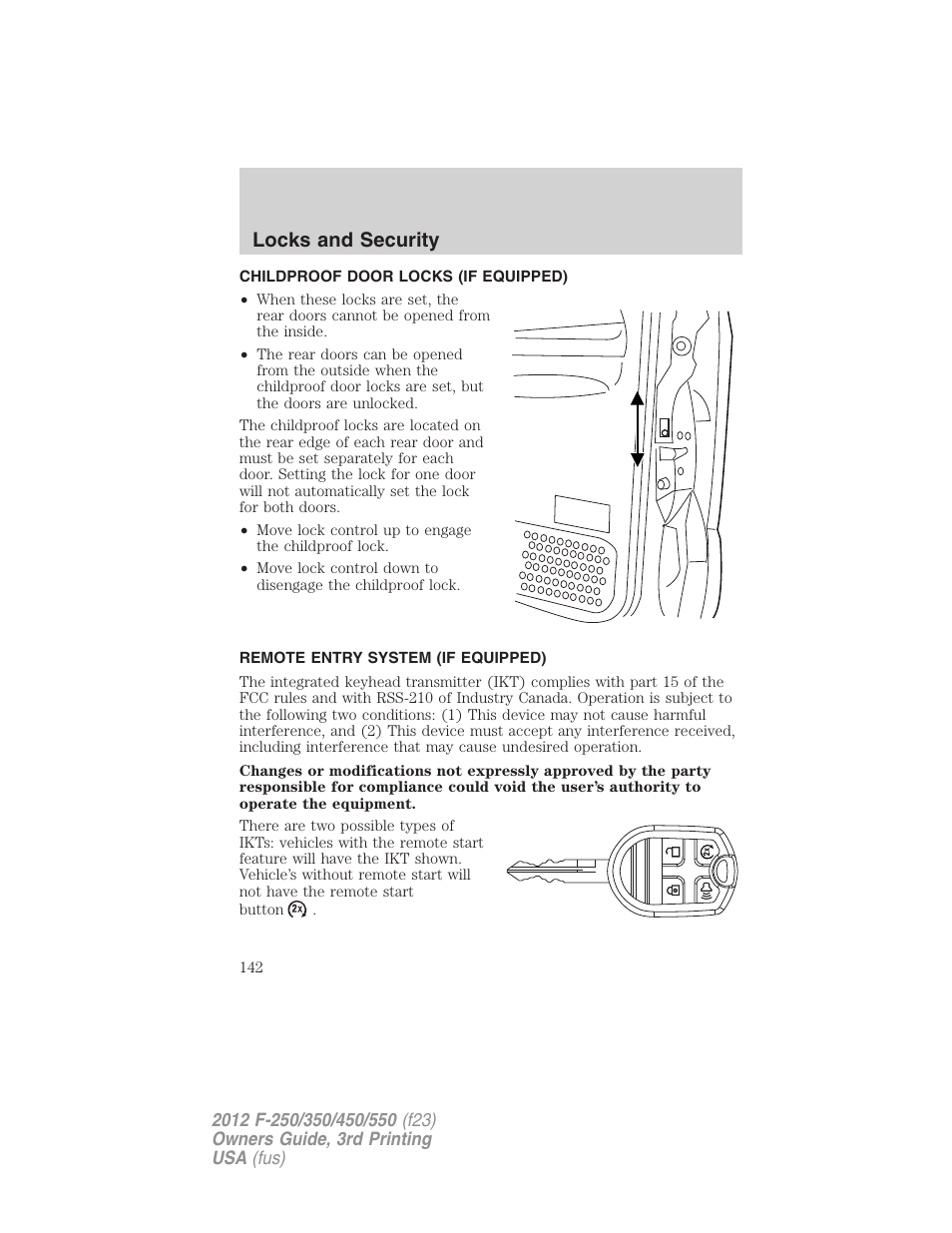 Childproof door locks (if equipped), Remote entry system (if equipped), Locks and security | FORD 2012 F-550 v.3 User Manual | Page 142 / 450