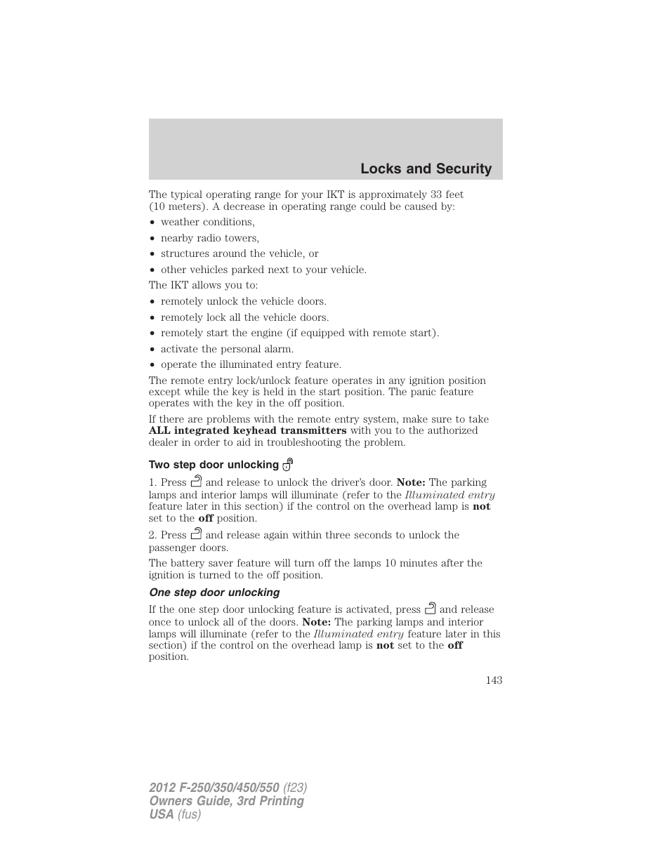 Two step door unlocking, One step door unlocking, Locks and security | FORD 2012 F-550 v.3 User Manual | Page 143 / 450