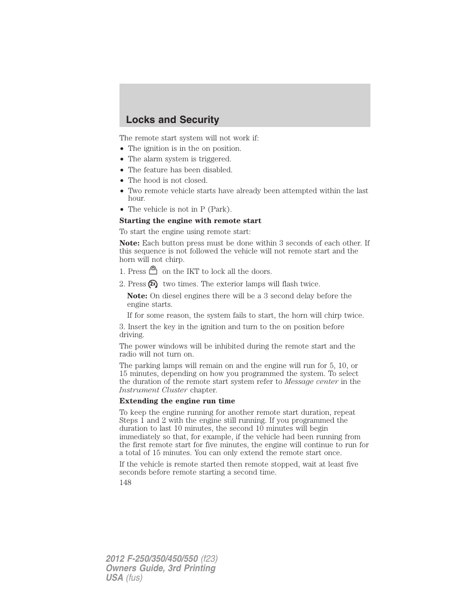 Locks and security | FORD 2012 F-550 v.3 User Manual | Page 148 / 450