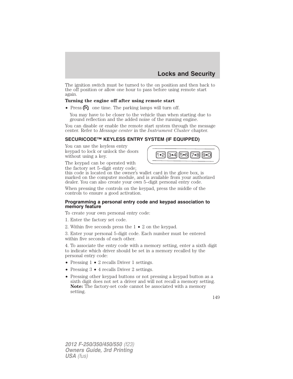 Securicode™ keyless entry system (if equipped), Locks and security | FORD 2012 F-550 v.3 User Manual | Page 149 / 450