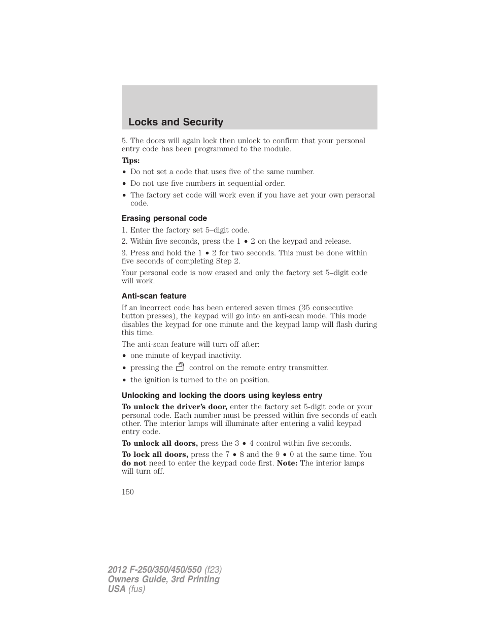 Erasing personal code, Anti-scan feature, Locks and security | FORD 2012 F-550 v.3 User Manual | Page 150 / 450