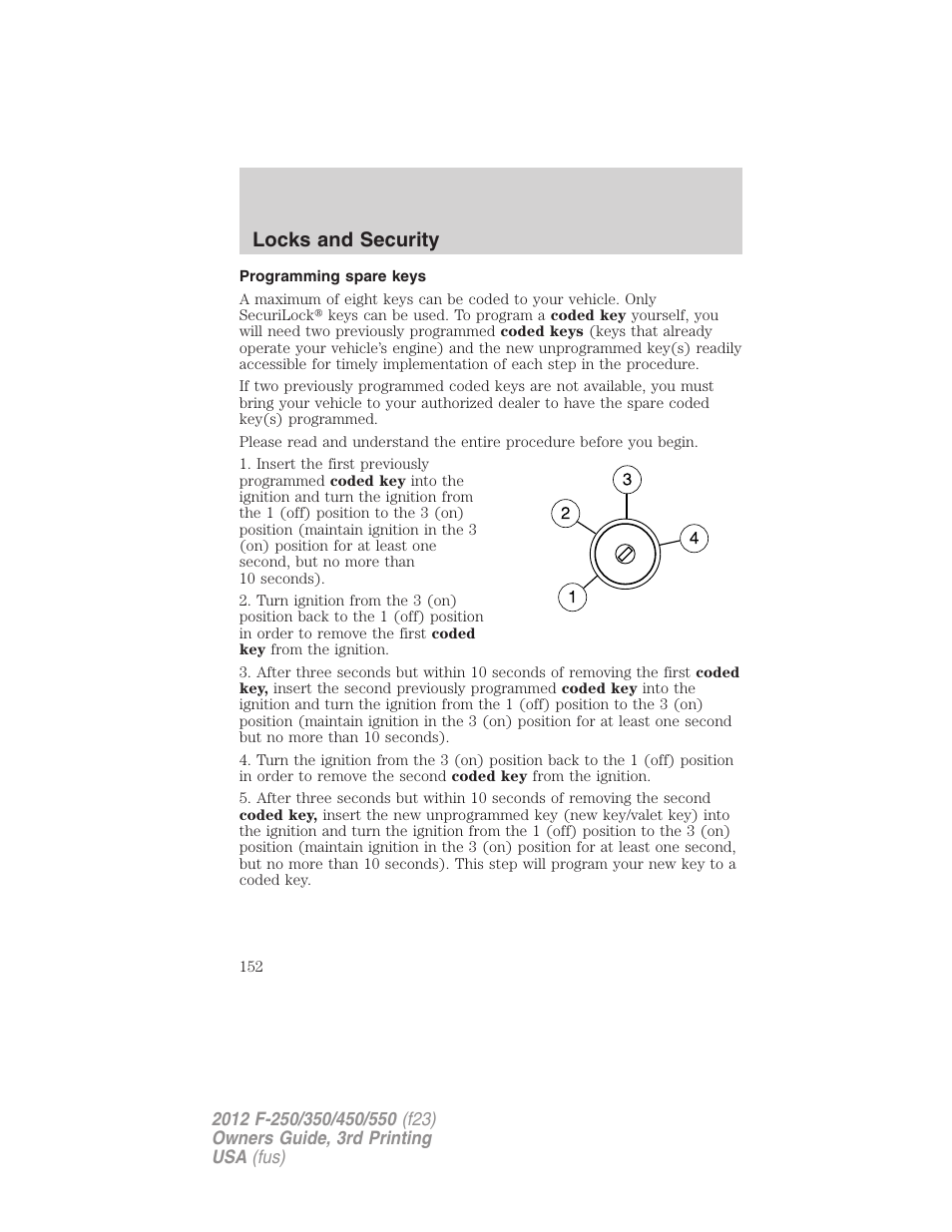 Programming spare keys, Locks and security | FORD 2012 F-550 v.3 User Manual | Page 152 / 450