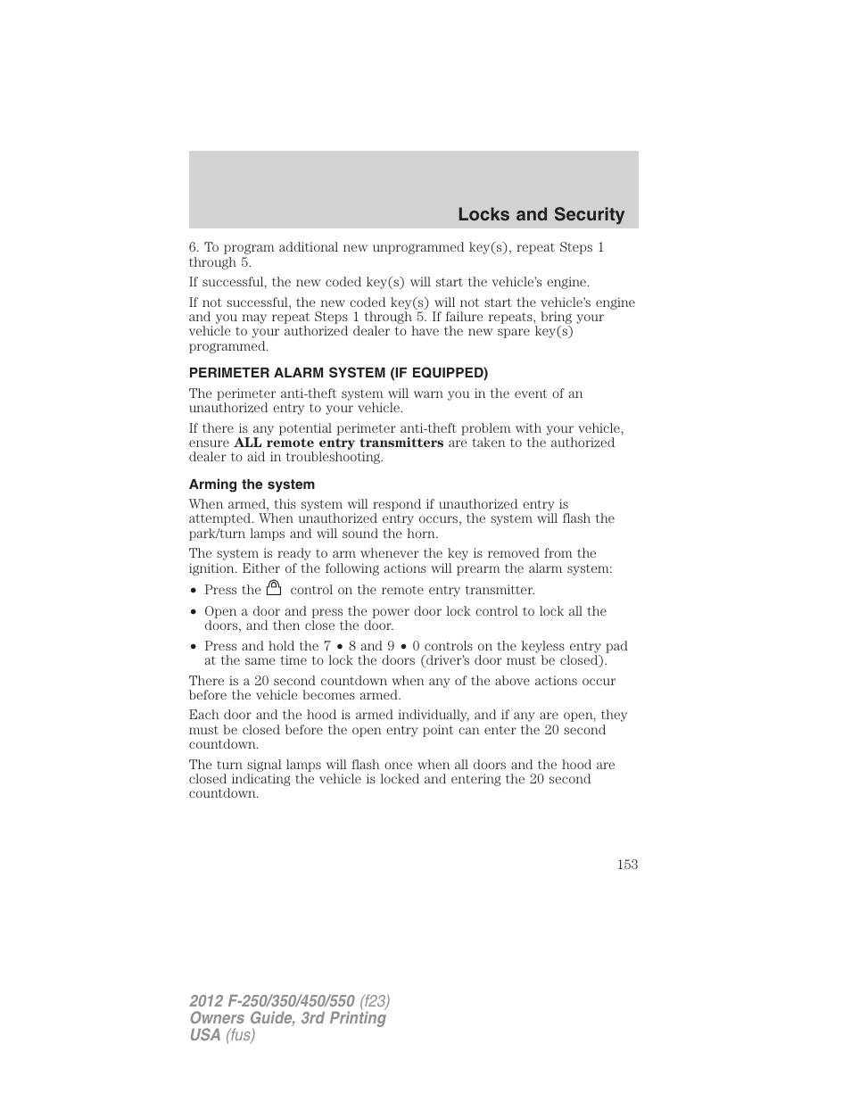 Perimeter alarm system (if equipped), Arming the system, Locks and security | FORD 2012 F-550 v.3 User Manual | Page 153 / 450