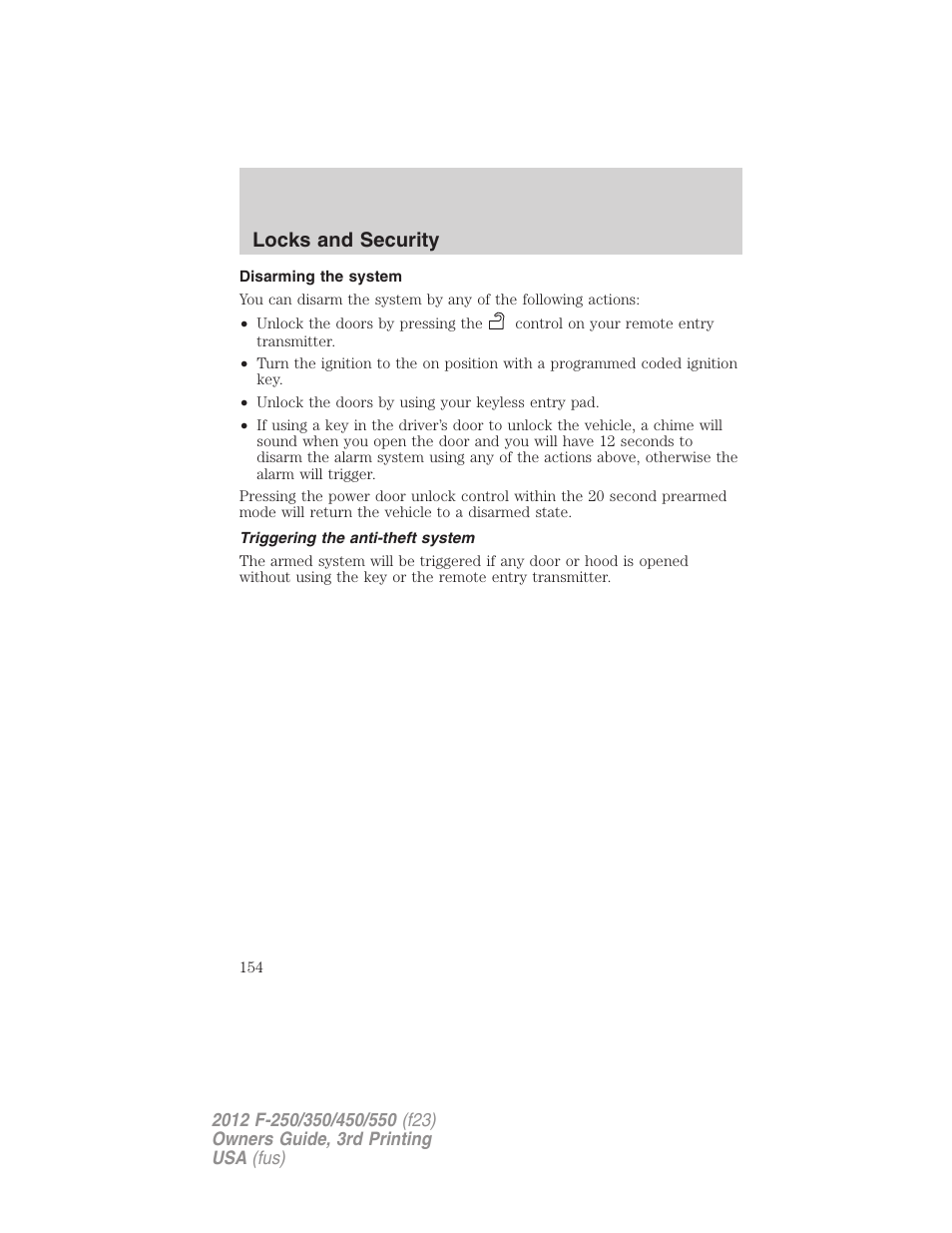 Disarming the system, Triggering the anti-theft system, Locks and security | FORD 2012 F-550 v.3 User Manual | Page 154 / 450