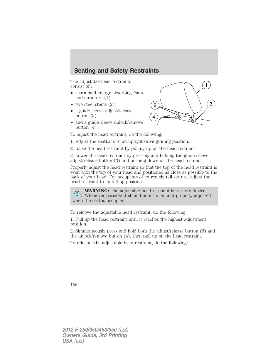 Seating and safety restraints | FORD 2012 F-550 v.3 User Manual | Page 156 / 450