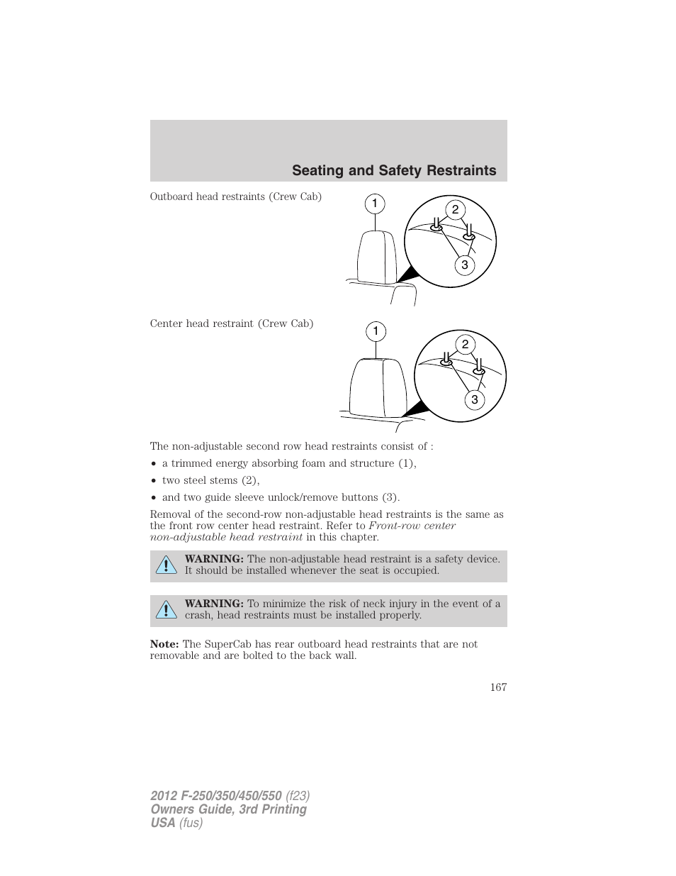 Seating and safety restraints | FORD 2012 F-550 v.3 User Manual | Page 167 / 450