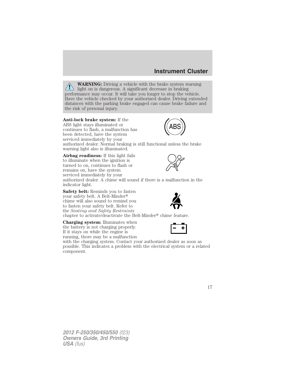 Instrument cluster | FORD 2012 F-550 v.3 User Manual | Page 17 / 450